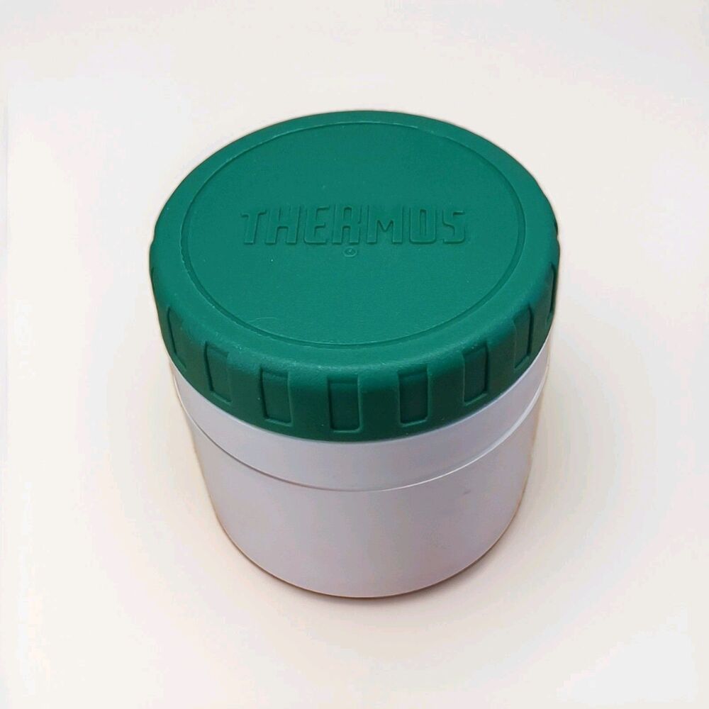 Vintage THERMOS Insulated White Food Beverage Container Green Lid 8oz #1155